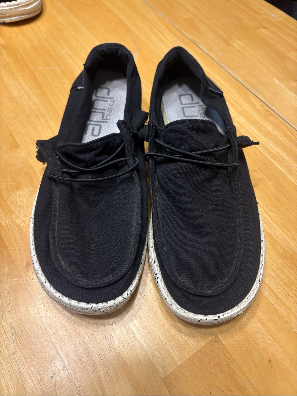 Hey Dude Black Canvas Moccasins with White Speckled Soles